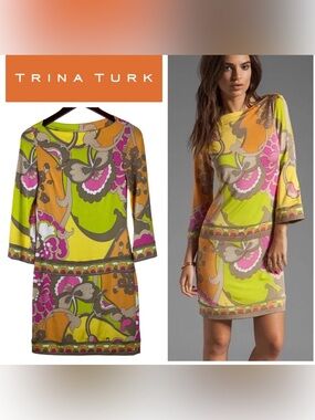 Trina Turk Dusk Floral Shift Dress Sz 0 Small Liquid Knit Stretch Vibrant Print